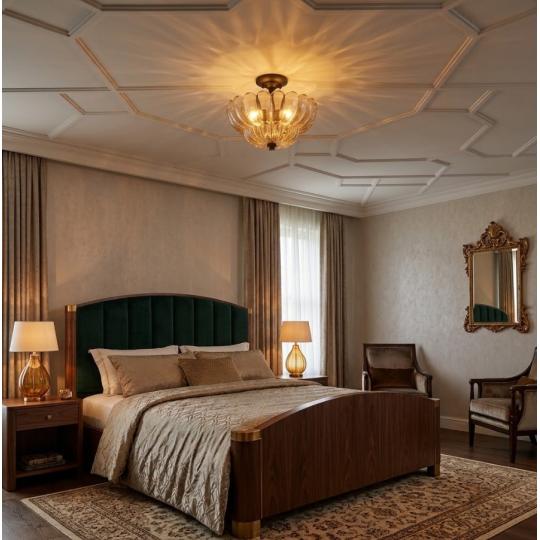 klasicka retro spalnova osvetlenie jantar hneda vlnita sklenena tienidlo nizka mala stropna lampa.jpg